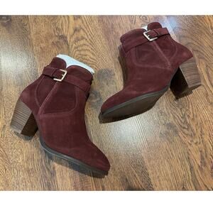 Diba Women's Boho Suede Stacked Heel Boots Burgundy Size 7.5 NWOB Casual Chic